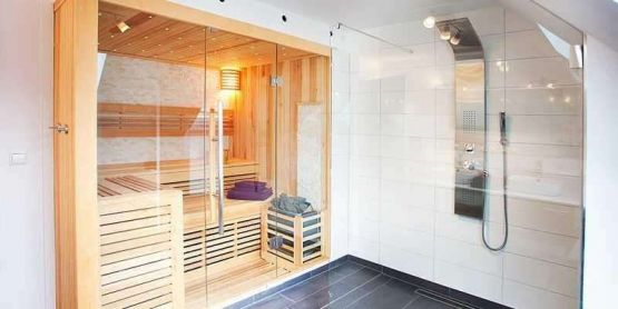 Luxury holiday home Dieboldsberg sauna and bathroom with rain shower